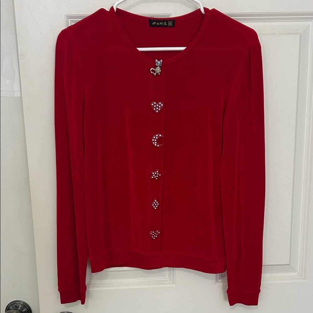 Italiya red top cat and heart shaped buttons size XS vintage Japanese top